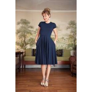 Nadia Tarr Women size M Blue Jersey Knit Fit & Flare Midi Dress Casual Minimal